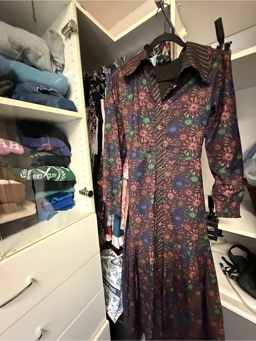 Floral Long-Sleeve Button-Front Maxi Dress in Burgundy